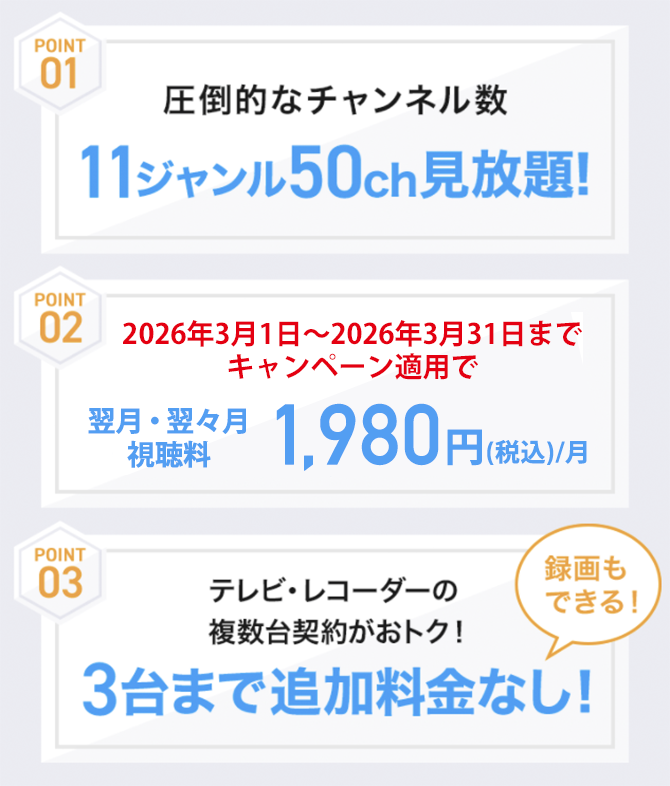 11ジャンル50チャンネル見放題！3台まで追加料金なし！録画もできる！
