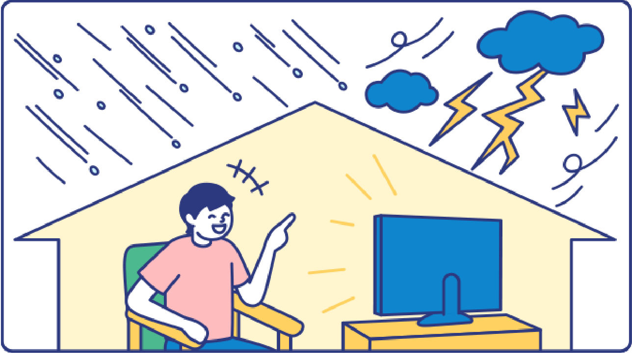 悪天候の中、快適にテレビを楽しむ男性のイラスト