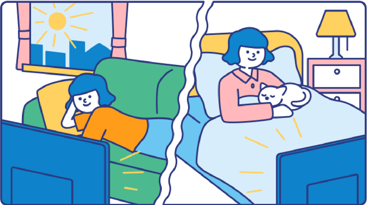 ソファやベッドで寝転んでテレビを見る女性のイラスト