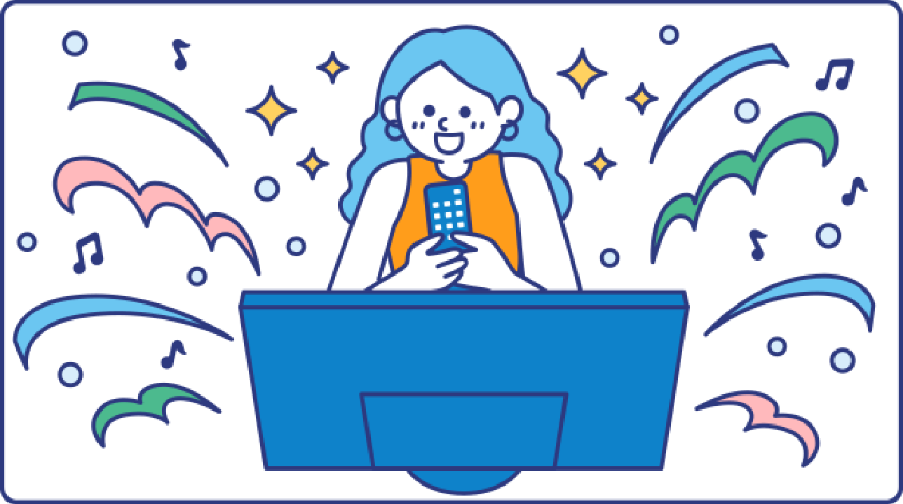 テレビの前でワクワクしている女性のイラスト
