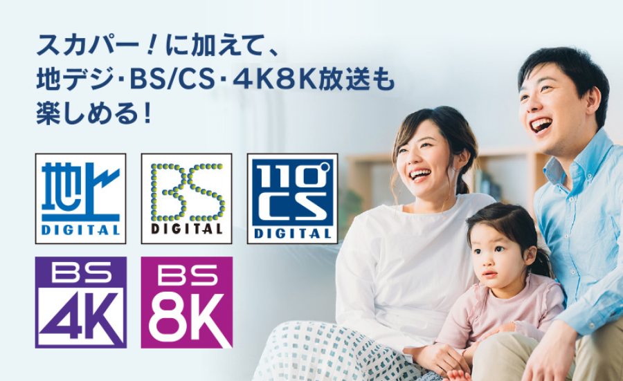 スカパー！に加えて、地デジ・BS/CS・4K8K放送も楽しめる！