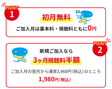 POINT1 初月無料、POINT2 新規ご加入なら3ヶ月視聴料半額