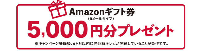Amazonギフト券（eメールタイプ）5,000円分プレゼント ※キャンペーン登録後、4ヶ月以内に光回線テレビが開通していることが条件です。