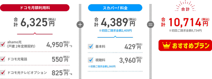ドコモ月額利用料6325円、スカパー！料金4389円、合計10714円
